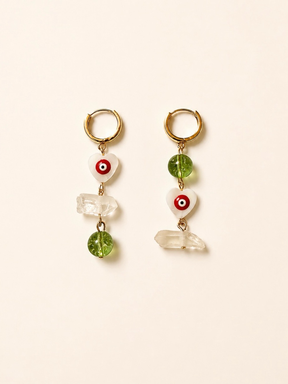 Gold Hoop Earrings with Red Heart Evil Eye & Green Bead Drops